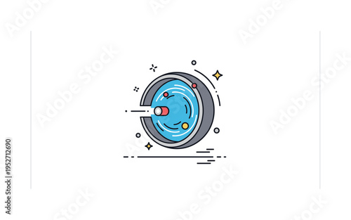 Teleportation portal idea circular portal ring with subtle energy lines and a small object halfway through. A dynamic micro scene highlighting transition