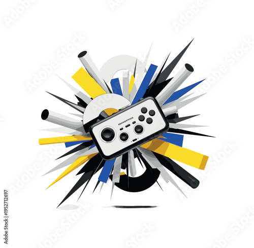 Black and white floating controller devices surrounded by geometric shards and semicircles, bright yellow and ultramarine flat blocks creating