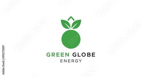 Green energy emblem design featuring a globe with leaves, indicating sustainable energy sources