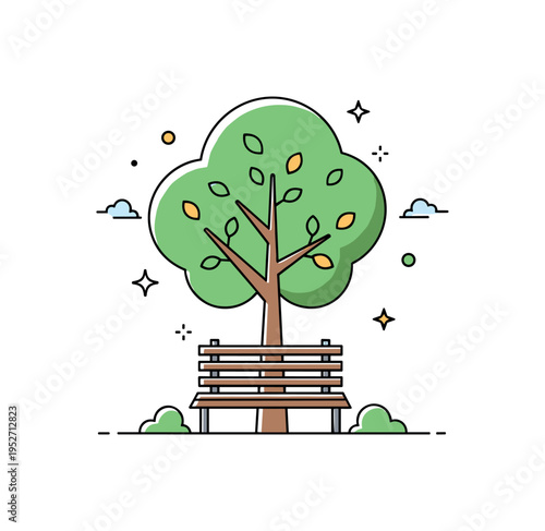 Urban park deciduous tree stylized leafy canopy above a minimal bench silhouette, symbolizing green spaces in cities. A modern illustration about environmental