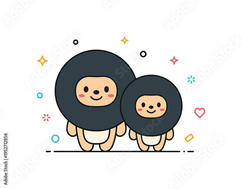 Cheburashki friendly duo scene depicting two big eared characters standing side by side with simple smiles, representing loyalty and companionship. Balanced