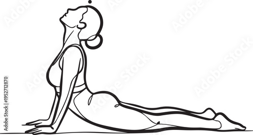 Woman performing upward facing dog yoga pose with graceful lines