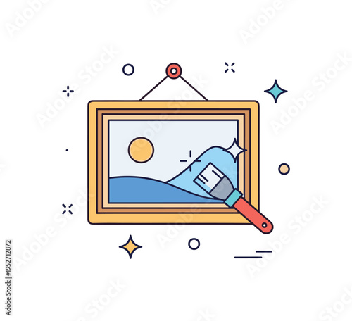 Restoration of historical artwork concept illustrated by a framed painting with a small repair brush and subtle highlight marks, symbolizing care, renewal, and