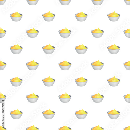 Yellow dipping sauce in small grey bowls repeating as a food condiment background