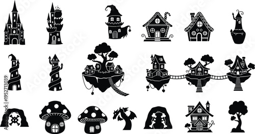 Fantasy Vector Silhouette Illustration Set with Magical Creatures Dragons Wizards and Mythical Elements