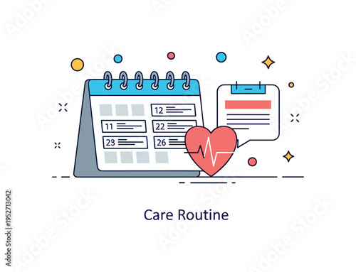 Digital care management app featuring a calendar with scheduled reminders and a heart pulse symbol. Clean geometry and a gentle ?Care Routine?