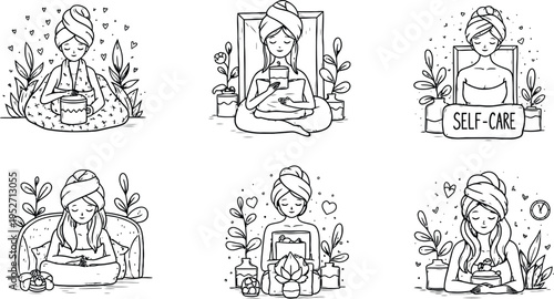 Self Care Wellness Line Art Illustration Set Hand Drawn Relaxation Lifestyle Icons Collection