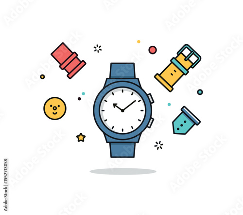 Colorful children smartwatch design centered on a rounded watch with interchangeable strap icons floating nearby. The composition reflects personalization,