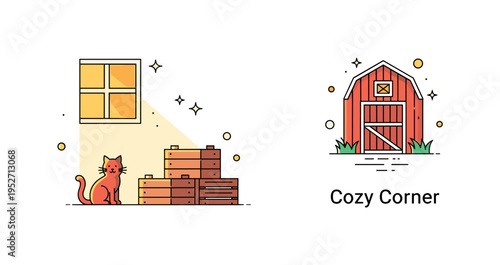 Barn cat sunlit barn interior concept featuring a small cat sitting near stacked crates with warm light streaming through a simple window, symbolizing comfort