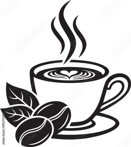 Steaming coffee cup with beans and leaves, cafe logo design