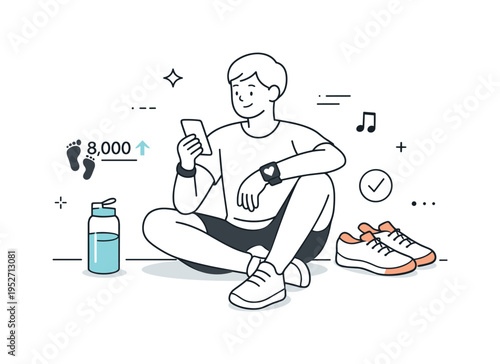 Wearable technology lifestyle. A person relaxing with a smartwatch and fitness tracker integrated into daily life, water bottle and shoes nearby. Balance of
