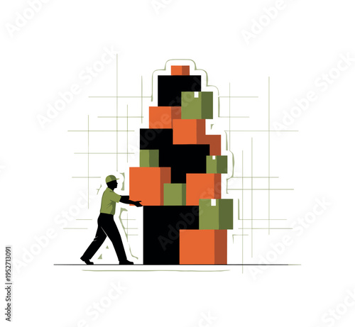 A monochrome warehouse worker moving boxes, geometric rectangular blocks exaggerated as flat abstract shapes, thin grid lines suggesting logistics