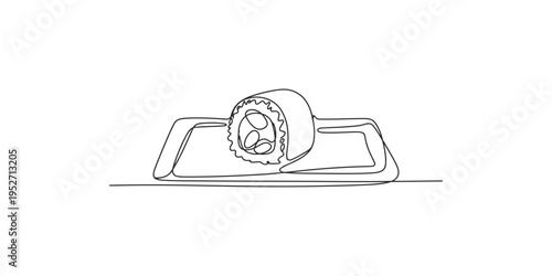 A sushi roll on a rectangular plate in a continuous line drawing style art illustration