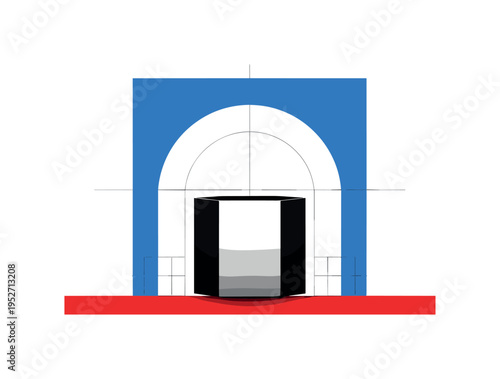 Black and white single product box centered within symmetrical arch-like geometric shapes, bright electric blue square framing the upper half, red horizontal