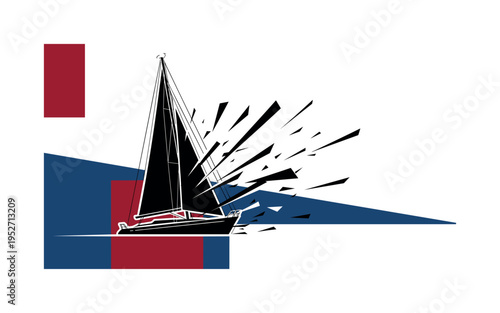 Black and white sailing boat tilted dramatically in strong wind, fragmented angular shards and diagonal rays enhancing tension, flat red and deep