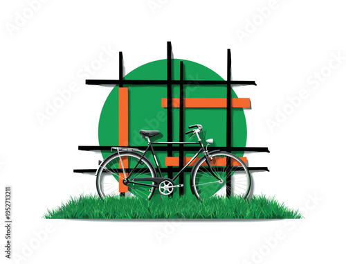 Black and white vintage bicycle standing in a lush green meadow field, large green circular backdrop intersected by sharp black lines and orange rectangular