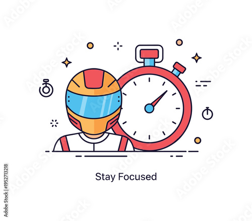 Endurance racing driver stamina concept featuring a helmeted figure next to a bold stopwatch symbol, symbolizing concentration and sustained physical