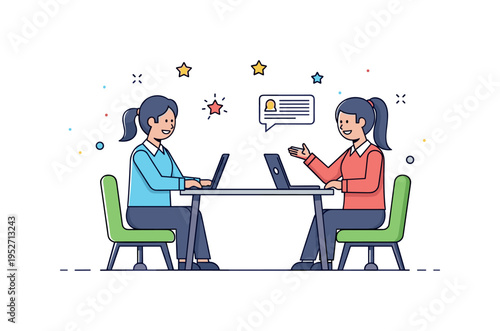 Active listening practice during a one-on-one mentoring session, showing engagement, attention, and supportive interaction between colleagues. Minimalist flat