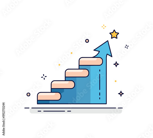 Ascending success metaphor floating staircase leading upward toward a small star at the top, representing ambition, growth, and reaching higher