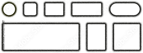 Grain stippled texture circle and rectangle frames isolated on white background. Spray dot noise vignette. Radial dissolve abstract geometric element.