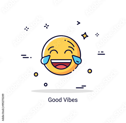 Laughing emoji style badge bright smiling face icon with small curved lines around it and a tiny label Good Vibes, expressing positivity and upbeat energy.