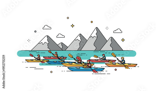 Mountain lake kayaking adventure small group of colorful kayaks gliding across a clear turquoise lake with simplified mountain peaks rising in the background,