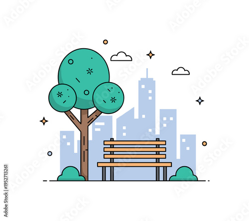 Urban sanctuary illustrated by a cozy bench under a stylized tree framed by simplified city buildings in the background. The compact scene highlights moments