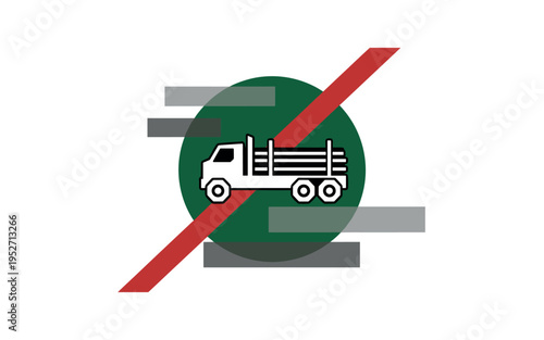 Black and white logging truck simplified into geometric silhouette, deep green circular backdrop symbolizing controlled harvesting, warm red diagonal stripe