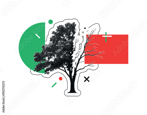 Black and white tree with half of its branches broken, bold green semicircle on one side and red rectangular block on the other showing imbalance, abstract
