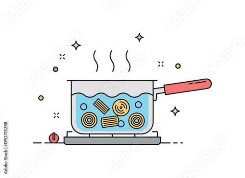 Stovetop boiling process focused on a saucepan with visible pasta shapes beneath the water surface and rising steam lines above. Subtle sparkle accents create