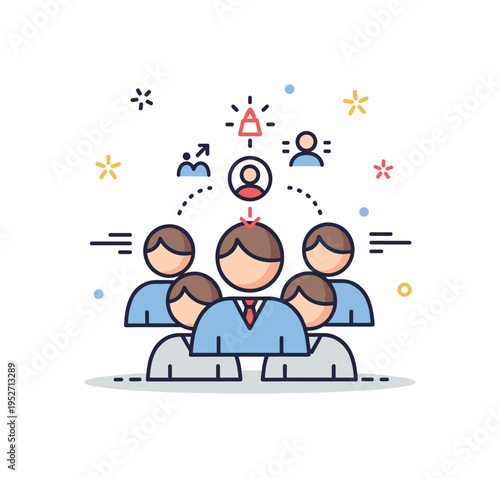 Audience segmentation through behavior pattern badge centered on grouped user icons with one highlighted based on small interaction symbols above it. The scene