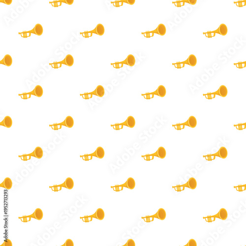 Golden trumpets creating a musical instrument seamless pattern on white
