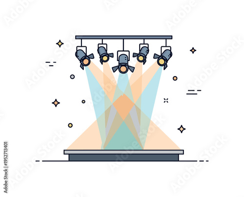 Stage lighting design cluster of hanging spotlights casting intersecting beams onto a simple stage platform, representing professional production and live