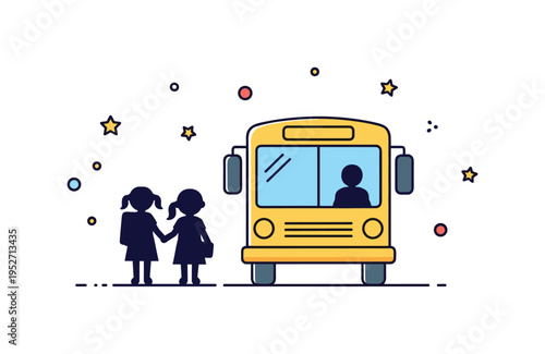Schoolchildren school bus arrival illustrated by a simple bus icon with two children silhouettes nearby, symbolizing daily routine and safe transportation. The