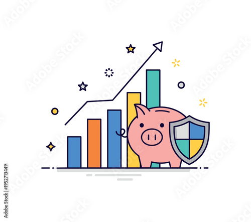 Wealth building strategy neat bar chart rising beside a shielded piggy bank, expressing disciplined saving and protected investments leading to sustainable