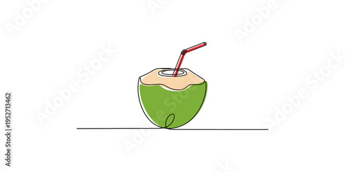 A green coconut with a straw in a modern line drawing style illustration tropical drink