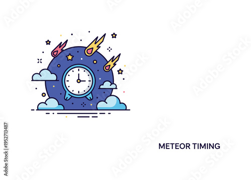 Meteor shower celestial timing theme shown as a small clock icon integrated into a night sky scene with falling meteors, expressing anticipation and seasonal