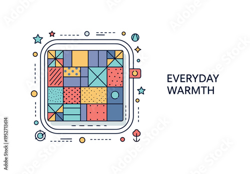 Faded quilt gentle home comfort concept showing a compact patchwork pattern framed within a soft rounded border, conveying familiarity, stability, and quiet