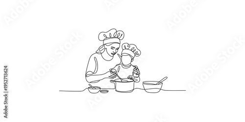 Mother and child cooking together in the kitchen with chef hats on hat family woman
