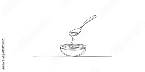 Continuous line drawing of spoon pouring liquid into a bowl one art minimalist illustration black