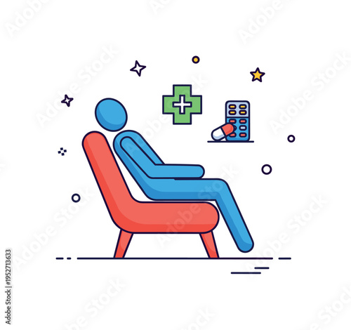 Post-surgery recovery care home rehabilitation theme shown as a patient silhouette resting in an armchair with a small medical cross and pill organizer icon