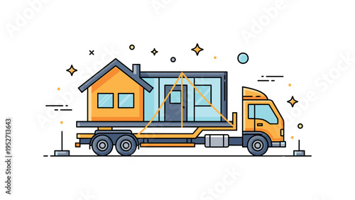 Offsite construction logistics truck carrying a compact house module secured on a flatbed, symbolizing transportation from factory to foundation. A modern