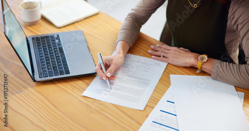 Fotografie Writing, hands and woman with laptop for contract, report and legal agreement draft at desk in office