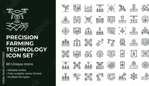 Precision farming technology line icon set with smart agriculture drones sensors analytics and automated crop management symbols