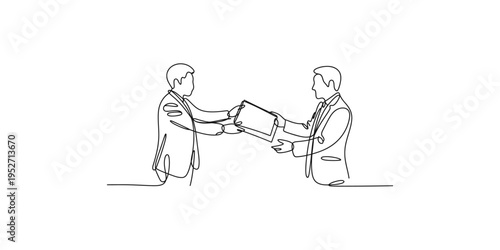 Two businessmen exchanging a tablet device in a simple line drawing style business men technology