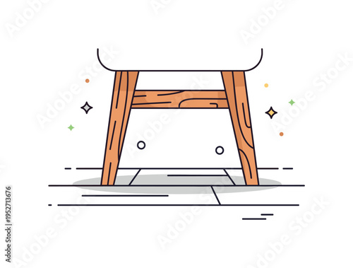 Wooden chair leg on hardwood floor depicted with gentle floorboard lines and soft shadow, expressing stability and home atmosphere. Small sparkle accents