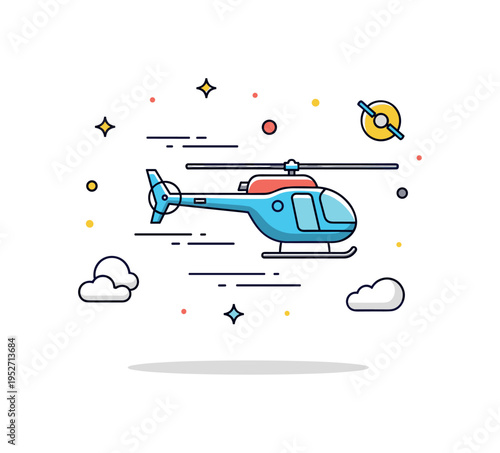 Helicopter flight scene centered on a compact helicopter silhouette with subtle motion lines to suggest hovering and aerial transport. The layout communicates