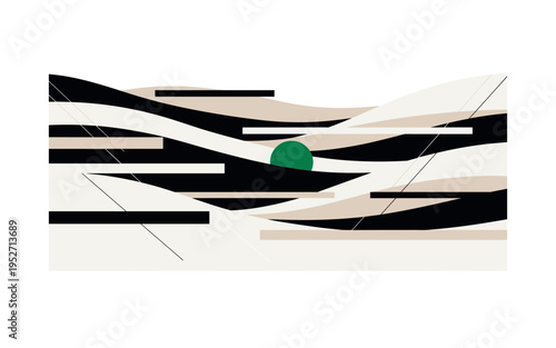 black and white abstract interpretation of rolling hills using curved shapes, vivid emerald green circle highlighting composition center, flat rectangular