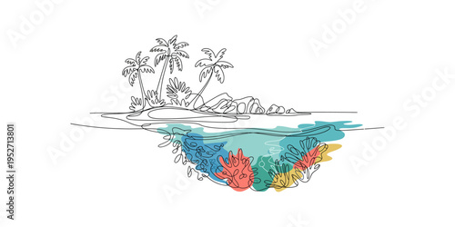 Tropical island with coral reef underwater scene in a modern line art style palm trees