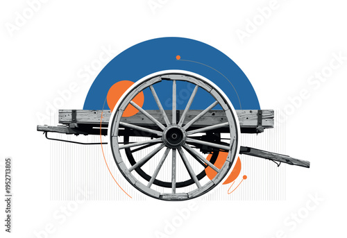 Black and white vintage wagon wheel mounted on a rustic wagon body, large blue semicircle intersecting the upper edge, thin vertical stripes forming subtle